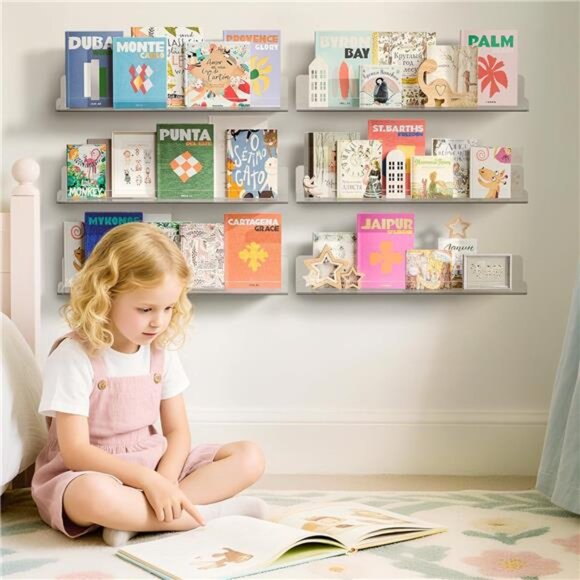 6 Pack Acrylic Shelves for Wall Storage, 15" x 4“ Floating Bookshelves for Kids - Picture 2 of 7